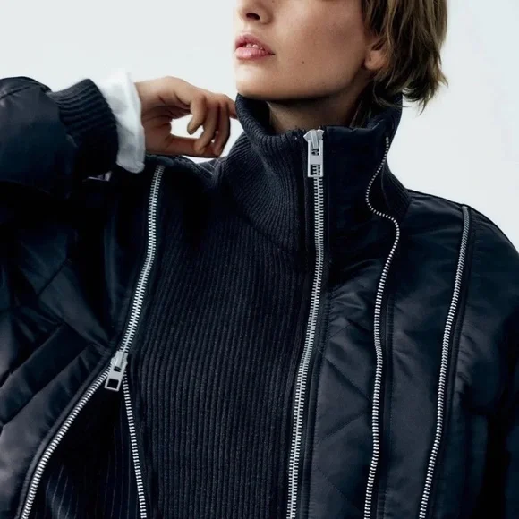 ZARA Black Bomber Jacket with Zipper Details & Pinstripe Back - Picture 4 of 7